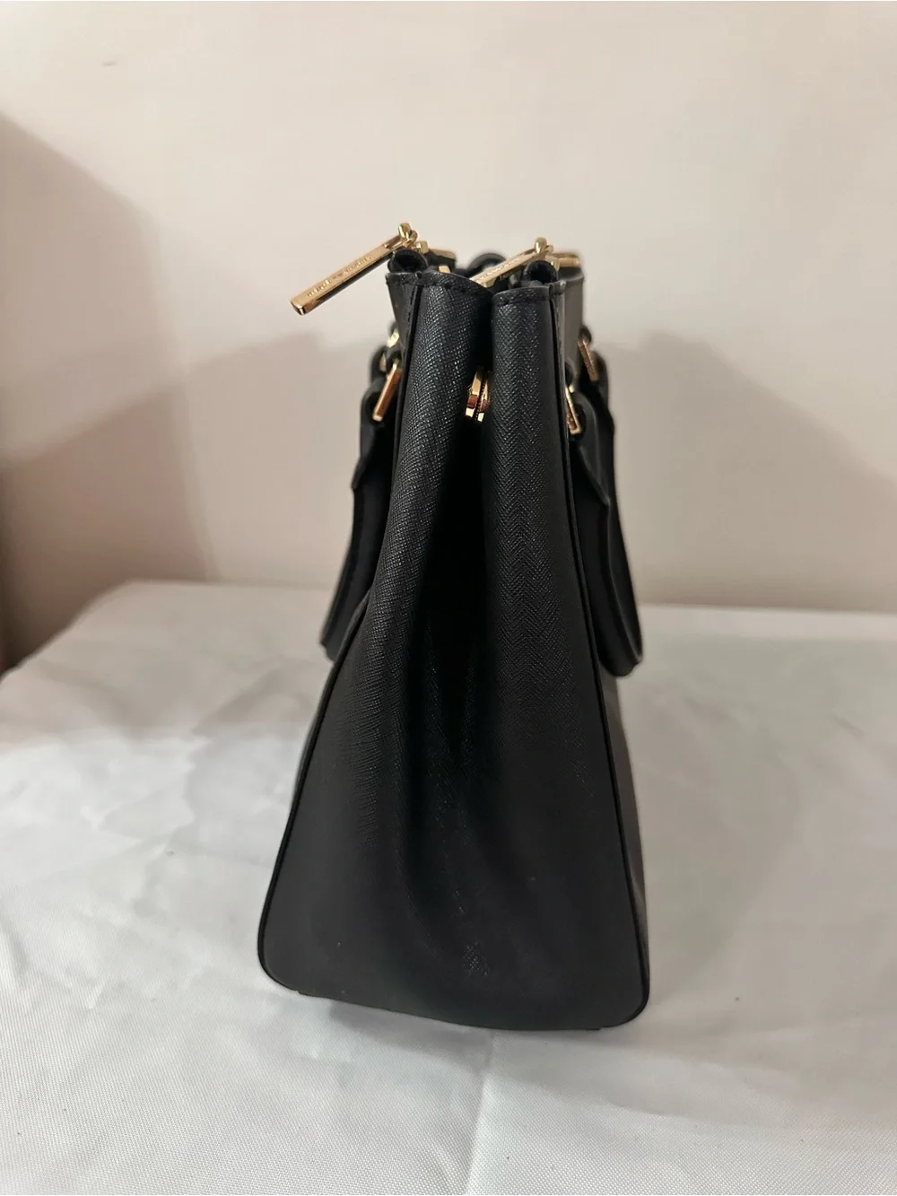 Michael Kors Black Leather Top-Handle Satchel with Gold Hardware